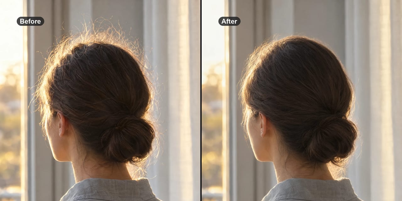 Before and after of a generated test photo (illustration) of a woman seen from behind: a backlit halo of flyaway strands around her low bun, then the real Smart Detail Enhancer result with the halo removed and the bun kept