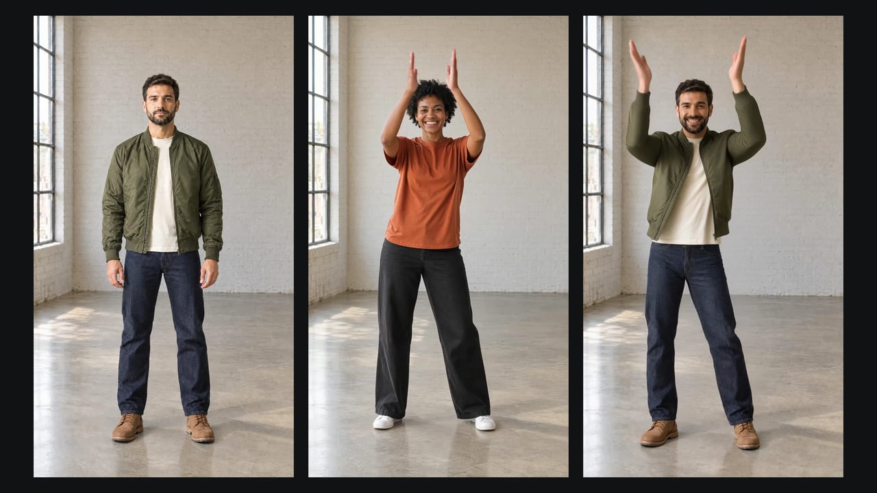 Real result from Run 3, three panels: the character photo, which is the dance clip's first frame with an invented bearded man in an olive bomber jacket edited into the sunlit brick studio; a frame of an invented woman clapping above her head in that studio; and the bearded man performing the same clap in the same studio