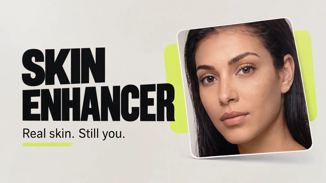 Finished Skin Enhancer showcase concept with bold type and a portrait