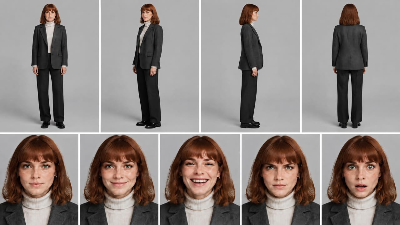 Example Character ID sheet: one woman with an auburn bob shown in four full-body angles and five facial expressions