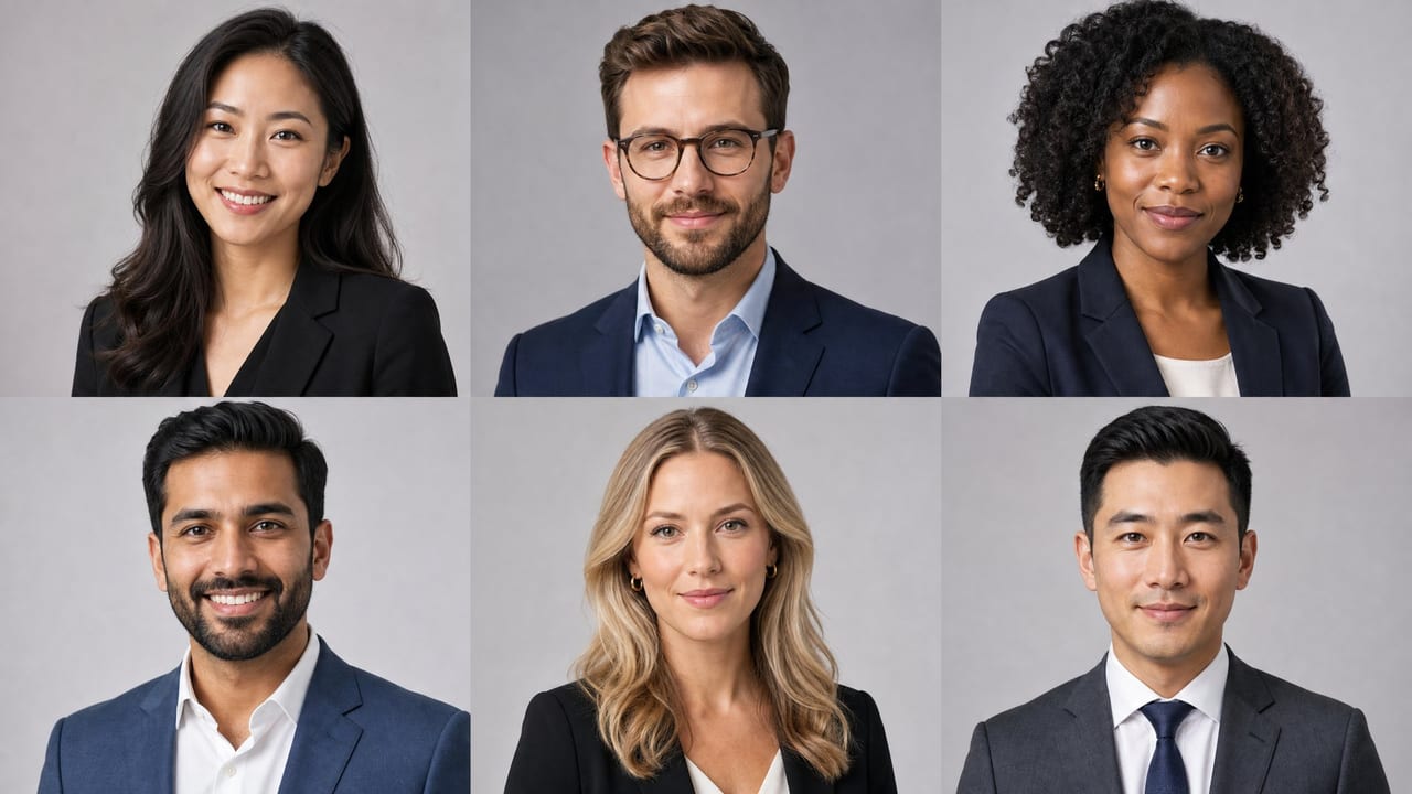 Diverse team of professionals with matching polished headshots displayed in a clean grid layout against a neutral background