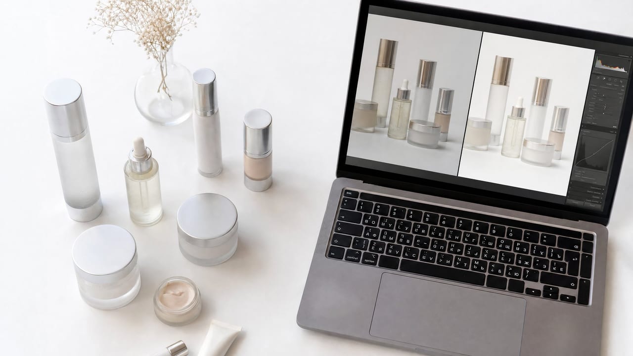 Flat-lay of skincare products on a clean white surface being edited on a laptop screen showing before-and-after retouching