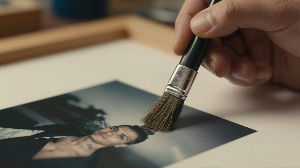 Restorer's hands working a fine brush over a photographic print — the same surgical care AI image repair applies to broken AI-generated images