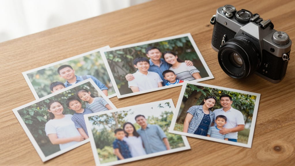 Flat-lay of printed family photos and a vintage camera — the kind of irreplaceable shots the AI photo fixer rescues