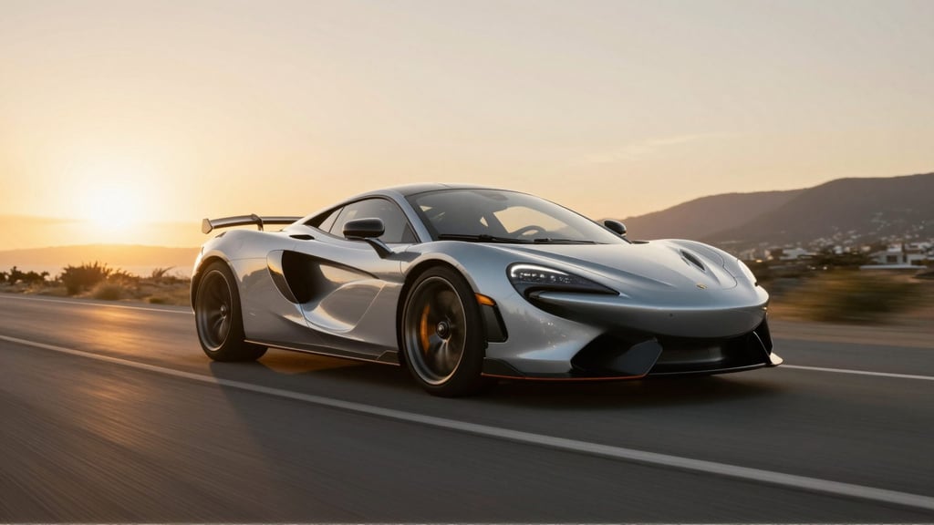 Sports car on a coastal road at sunset — the rolling-shot look the car reel maker creates from your photos