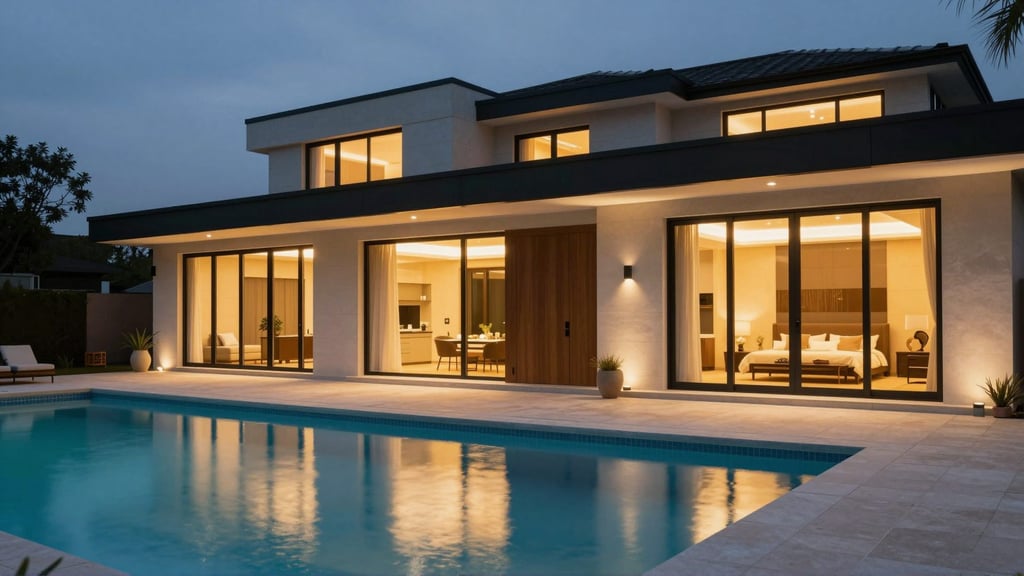 Luxury home exterior at twilight — the hero shot of a real estate reel made from listing photos