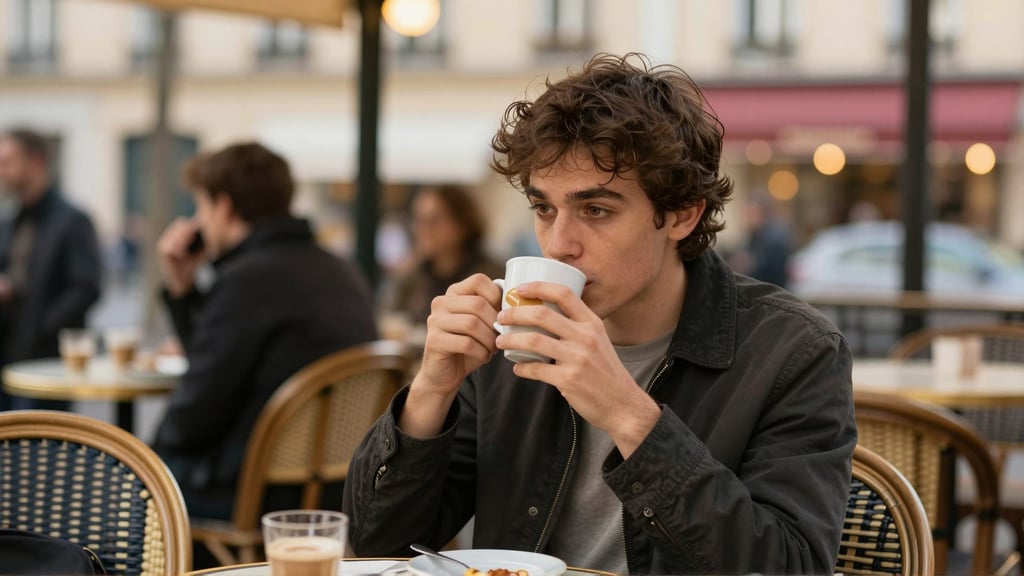 Man at a Parisian café at golden hour — the kind of real-life scene you can put yourself in with AI from one photo