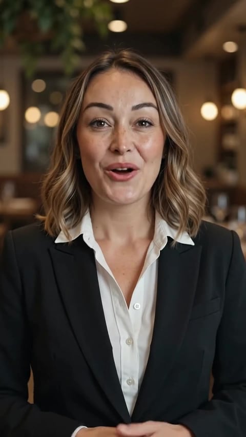 A frame from a talking-to-camera human reel generated by the Imagera Human Reel Maker — the person speaking to camera with natural motion, same person and wardrobe as the source photo
