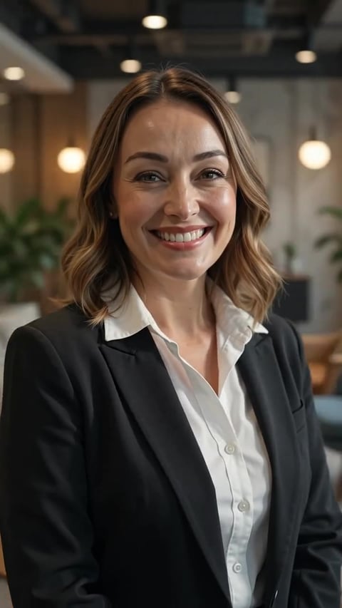 A frame from a confident office human reel generated by the Imagera Human Reel Maker — a poised professional take, same person and wardrobe as the source photo