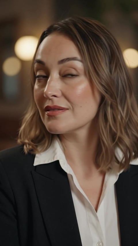 A frame from a lifestyle candid human reel generated by the Imagera Human Reel Maker — a relaxed candid moment, the same person in a black blazer as the source photo