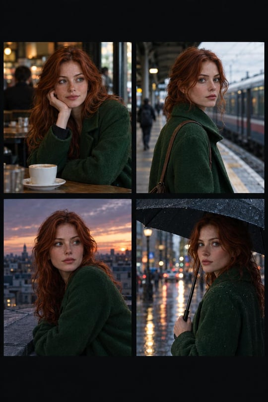 One face, held across every shot.