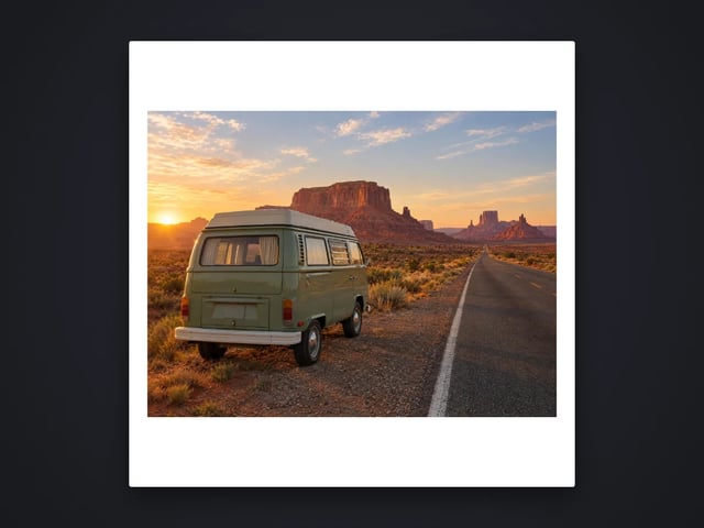 Desert road-trip photo of a vintage camper van placed in a square white border