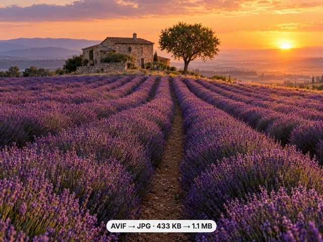 Lavender rows leading to a stone farmhouse at sunset, converted from a 433 KB AVIF to a 1.1 MB JPG