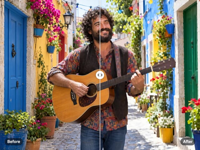 Street musician with a guitar in a colourful alley, photo on the left and painted cartoon style on the right