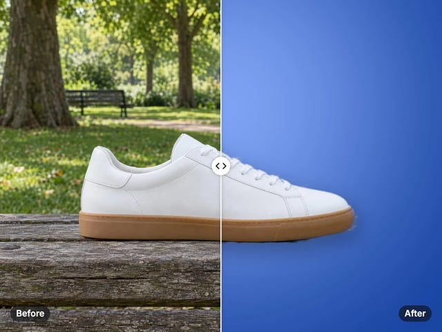 White sneaker on a park bench on the left, the same sneaker on a clean blue gradient background on the right