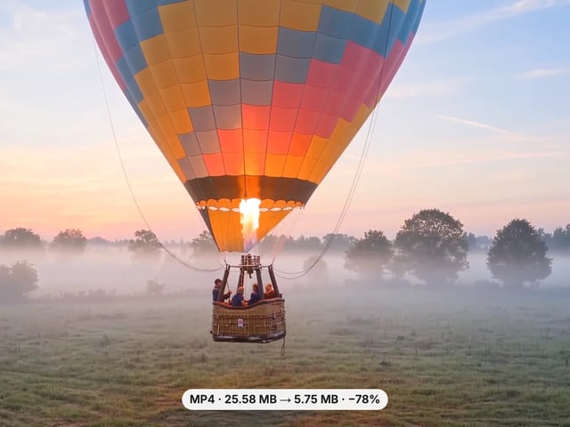 Hot-air balloon over a misty field from a compressed MP4, 25.58 MB down to 5.75 MB, 78% smaller