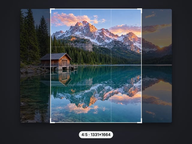 Landscape photo of an alpine lake with a bright 4:5 crop frame over the centre and the rest dimmed