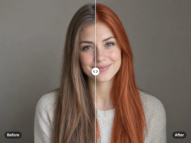 Woman with long light-brown hair on the left, the same hair recoloured copper-red on the right