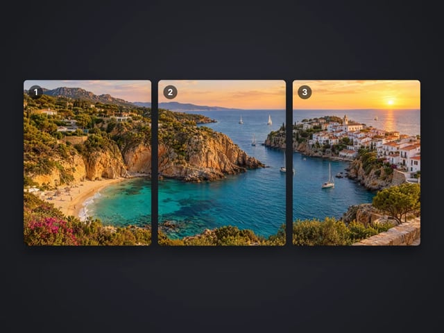 Wide coastal panorama split into three numbered slides that line up as one seamless carousel