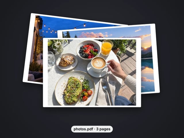 Three photos (brunch, alpine lake, city rooftop) as the fanned pages of one 3-page PDF