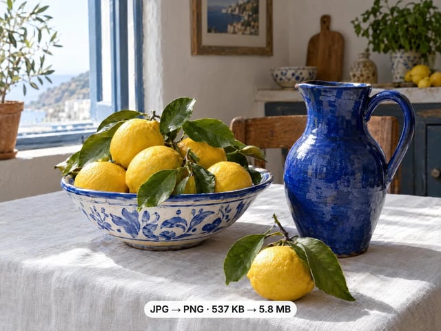 Lemons in a blue-and-white bowl beside a cobalt jug, converted from a 537 KB JPG to a 5.8 MB lossless PNG