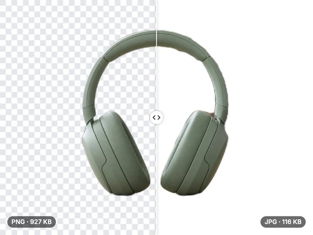 Sage headphones as a transparent PNG (927 KB) on a checkerboard and as a 116 KB JPG flattened onto white