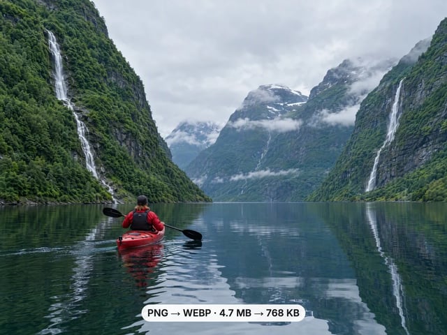 Red kayak on a still fjord, converted from a 4.7 MB PNG to a 768 KB WebP