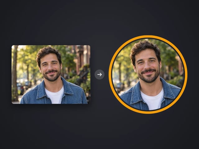 Portrait of a smiling bearded man and the round profile picture made from it with an amber ring