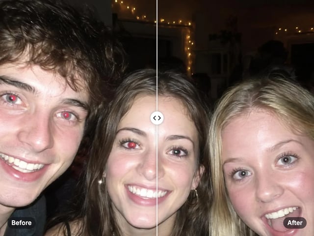 Flash party photo of three friends: glowing red pupils on the left, natural dark pupils after the fix on the right