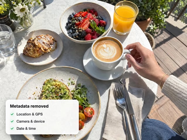Phone photo of a brunch table with a card listing the metadata removed: location and GPS, camera and device, date and time