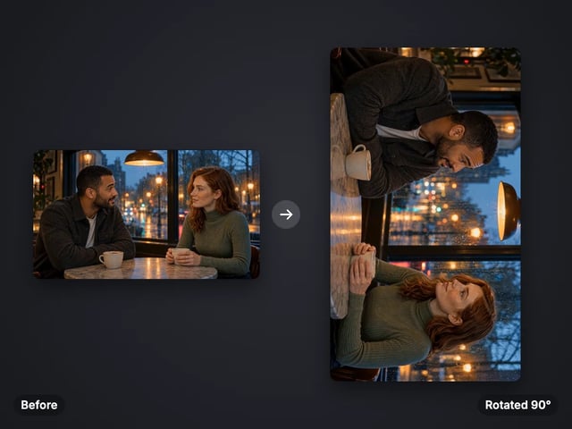 A landscape café conversation clip and the same video rotated 90 degrees into portrait