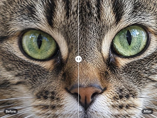 Close-up of a tabby cat’s eyes and fur, original on the left and crisper sharpened detail on the right