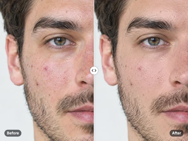 Close-up of a man’s cheek with blemishes and redness on the left, smoother, more even skin on the right