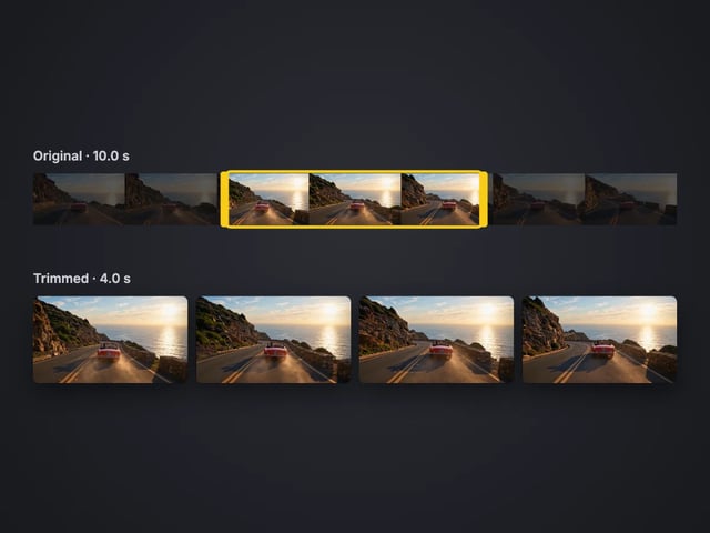 Timeline of a 10-second coastal-road clip with 0:03–0:07 selected, above frames from the 4-second trimmed video