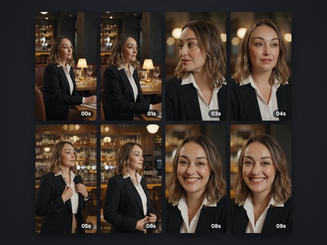 Eight still frames pulled evenly from a short portrait video, each labelled with its timestamp