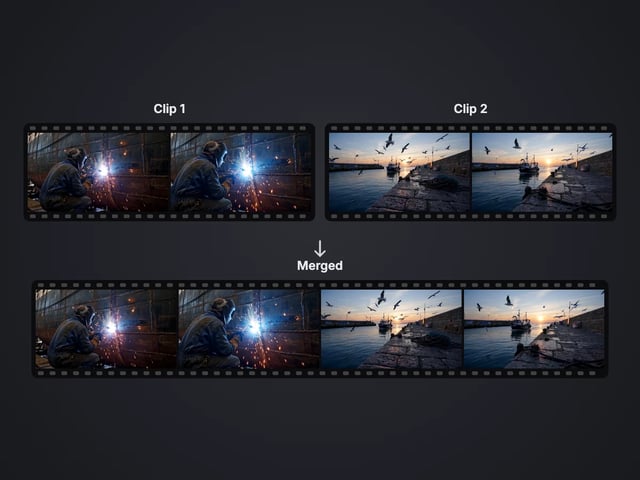 Illustration: a welding clip and a harbour clip shown as two film strips joined into one merged strip