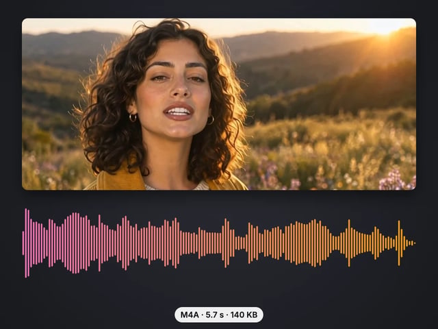 Frame of a woman singing in a meadow above the waveform of the 5.7-second M4A audio extracted from the video