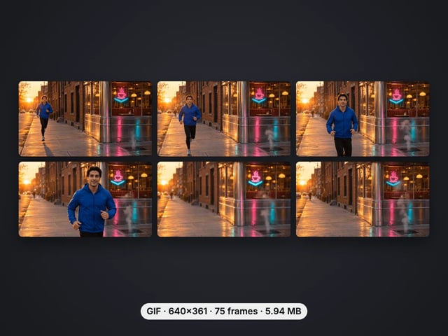 Six frames from a 640 × 361 animated GIF of a runner on a sunset street, 75 frames, 5.94 MB