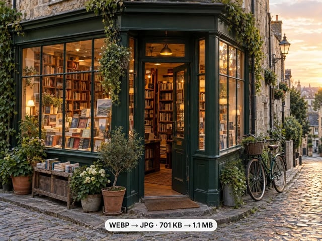 Green corner bookshop on a cobbled street, converted from a 701 KB WebP to a 1.1 MB JPG