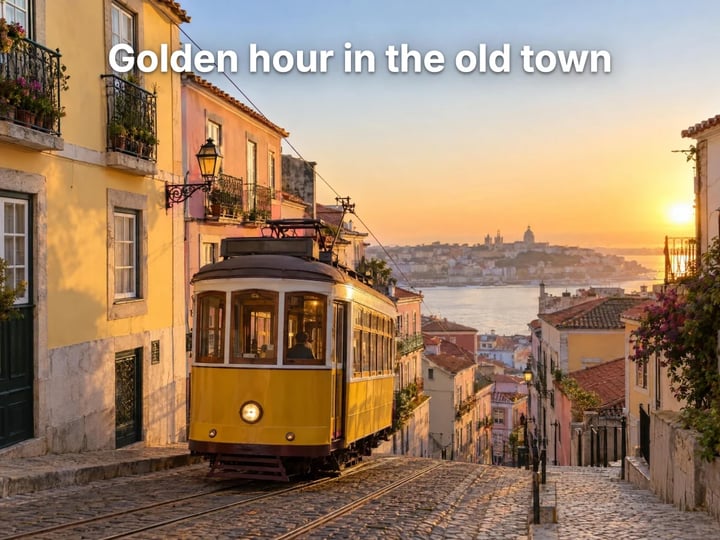 Yellow tram on an old-town hill at golden hour with the caption “Golden hour in the old town”