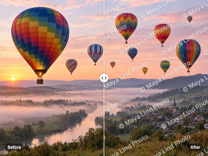 Hot-air balloons at dawn, clean on the left and covered with a tiled © Maya Lind Photo watermark on the right