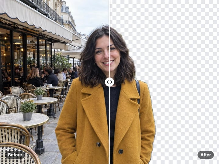 Woman in a mustard coat on a busy café terrace, and the same portrait cut out on a transparent background