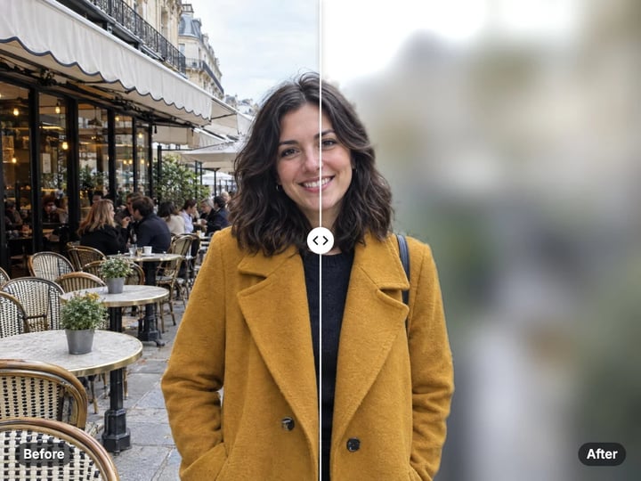 Woman on a café terrace with a sharp busy background on the left and a soft blurred background on the right