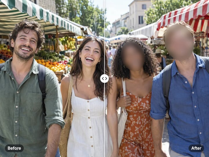 Four friends at a street market: faces visible on the left, faces blurred for privacy on the right