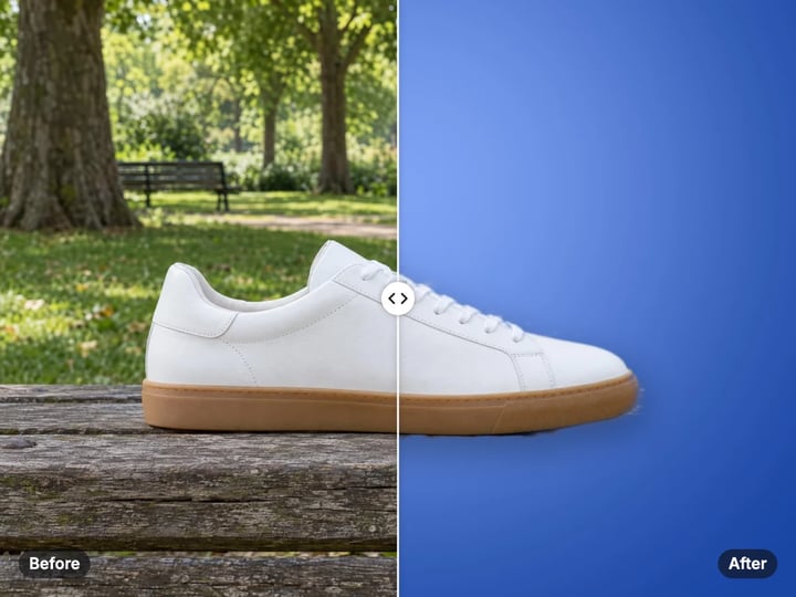 White sneaker on a park bench on the left, the same sneaker on a clean blue gradient background on the right