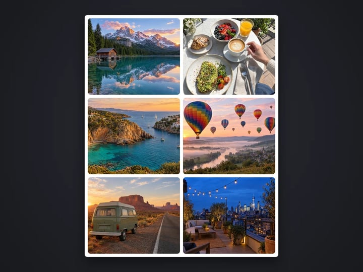 Six travel photos (alpine lake, brunch, coastline, balloons, camper van, rooftop) in a 4:5 grid collage