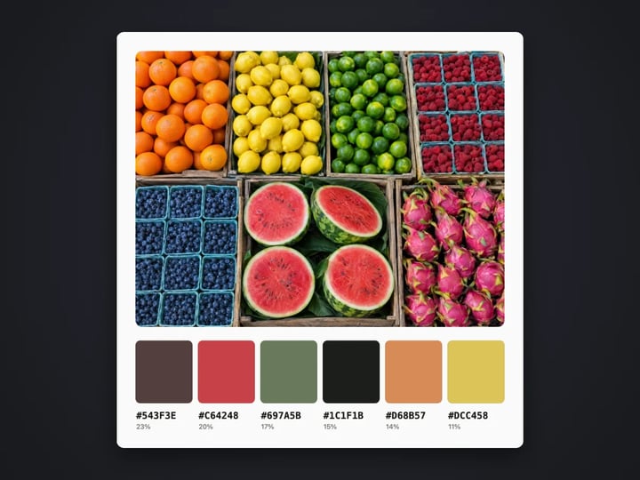 Colourful fruit stall photo above a card of six extracted colour swatches with their hex codes