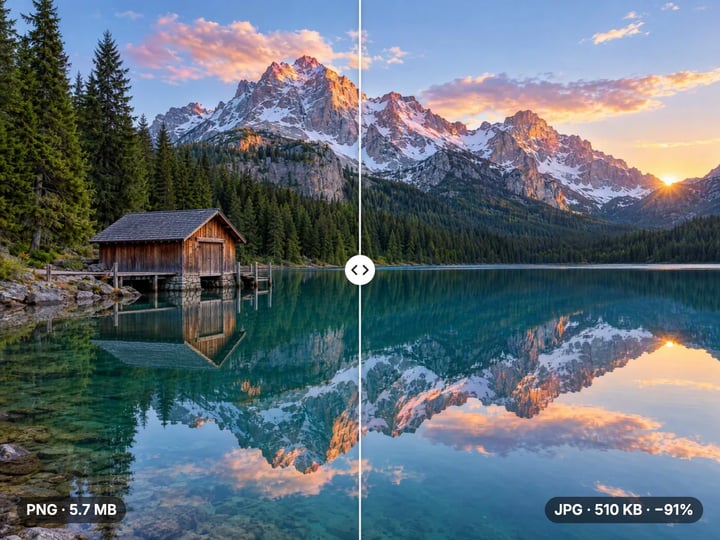 Alpine lake at sunrise shown as a 5.7 MB PNG and as the 510 KB compressed JPG, 91% smaller and visually identical