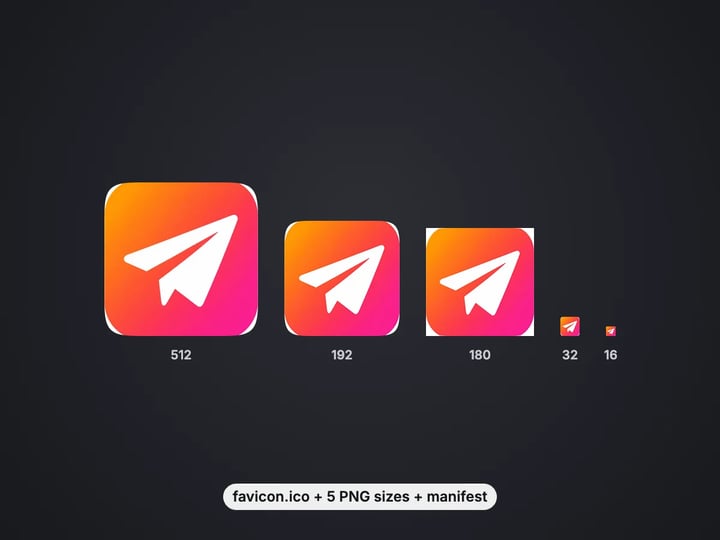 A paper-plane app icon exported as a favicon set, shown at 512, 192, 180, 32 and 16 pixels