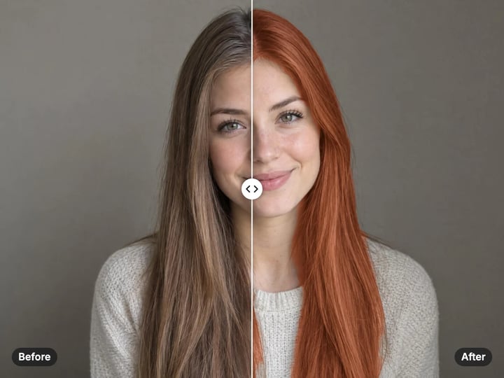 Woman with long light-brown hair on the left, the same hair recoloured copper-red on the right